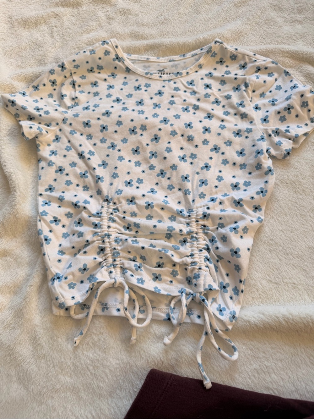 Hollister Floral Drawstring Tee - White with Blue Flowers
